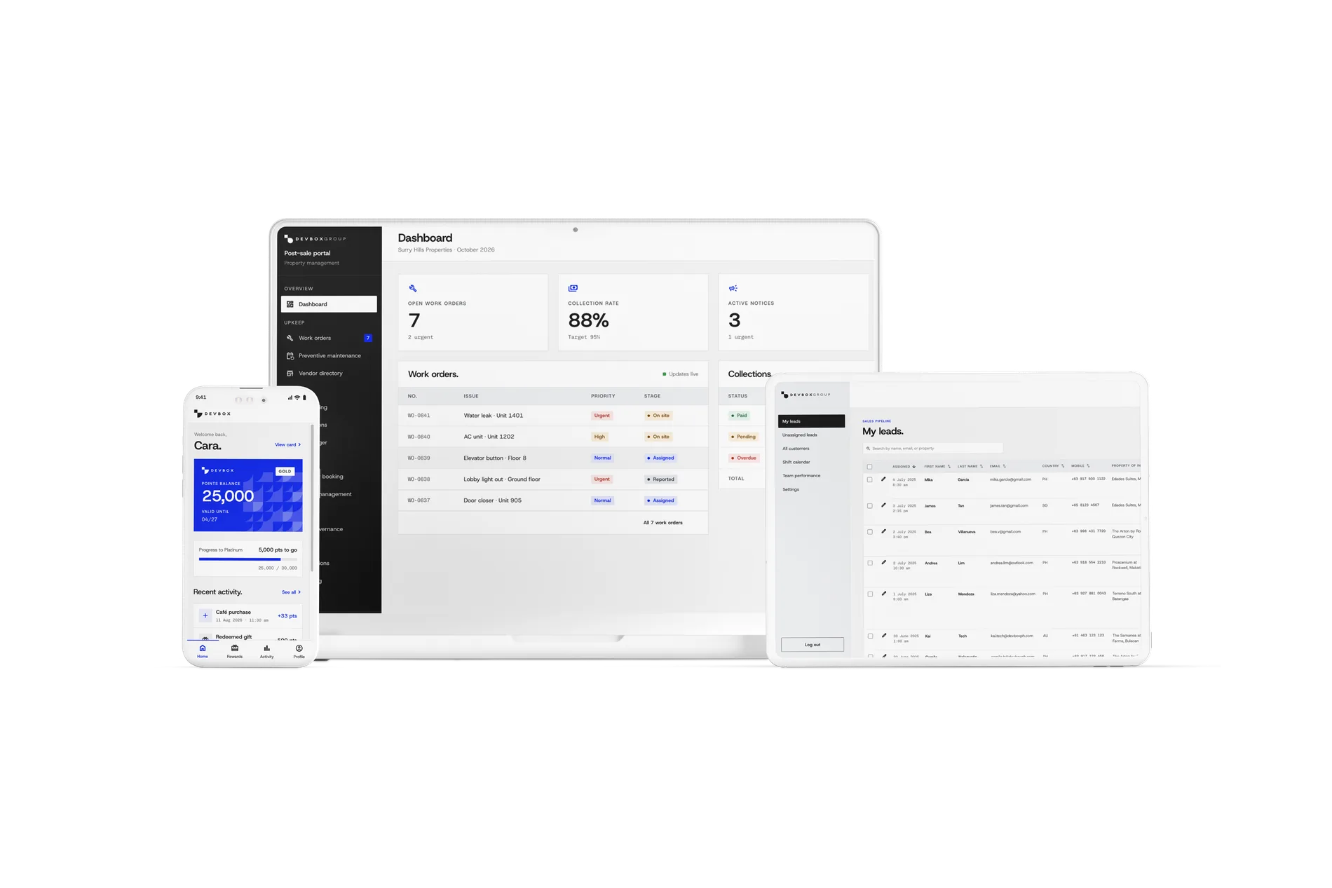 Devbox One on a phone, laptop and tablet: rewards app, property dashboard and lead list