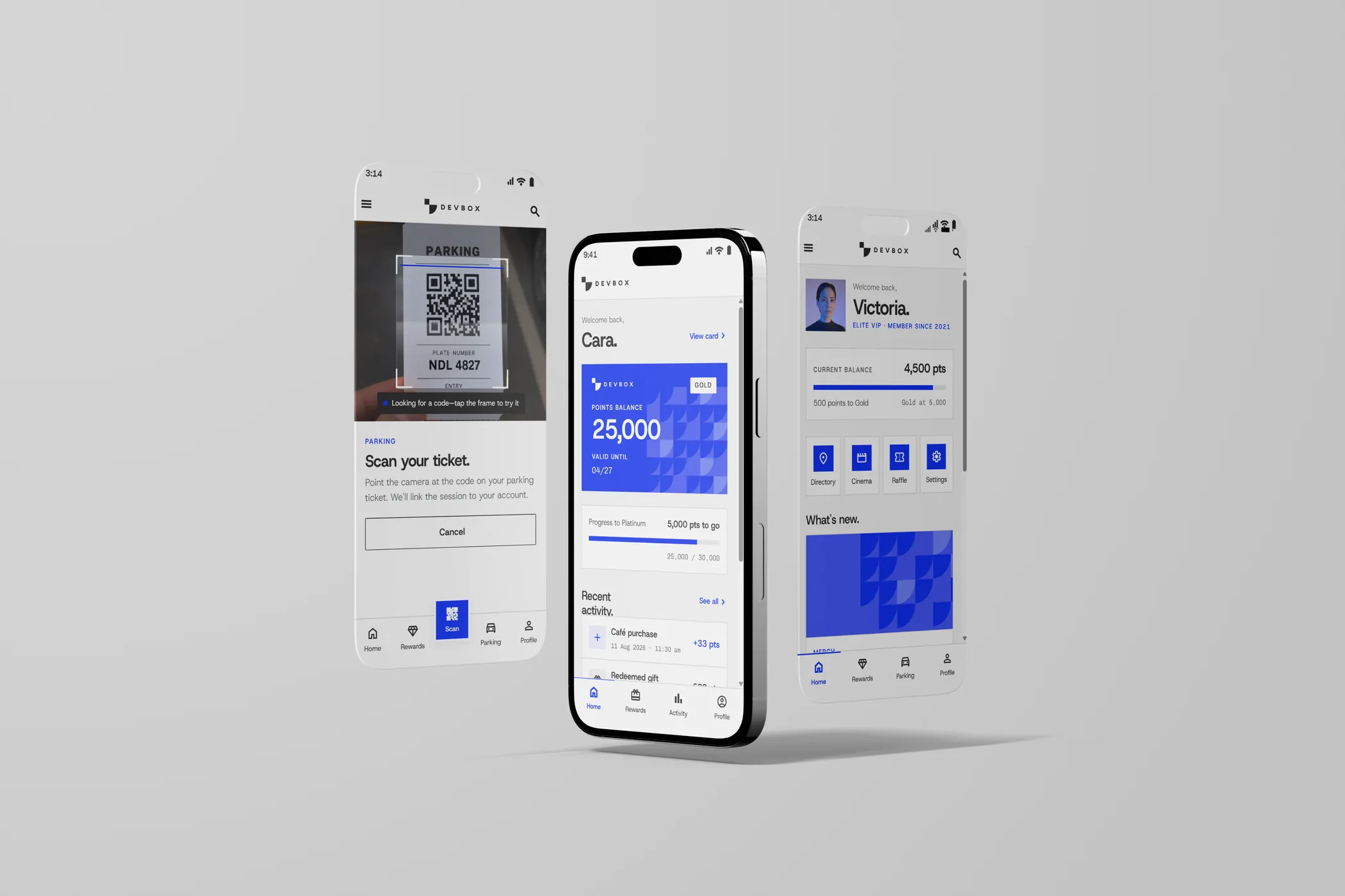 Play customer app screens for parking, rewards points and membership